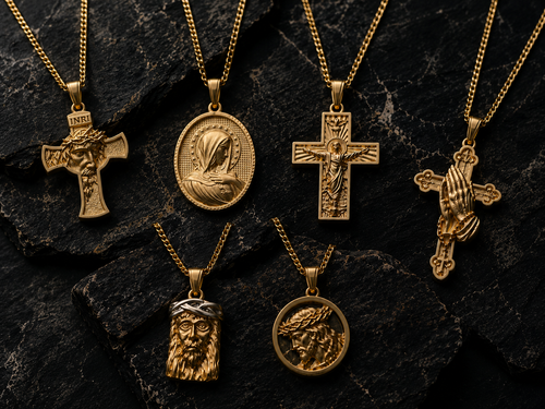 Gold Jesus face cross pendant with the face of Christ in the crown of thorns and an INRI tablet, close detail