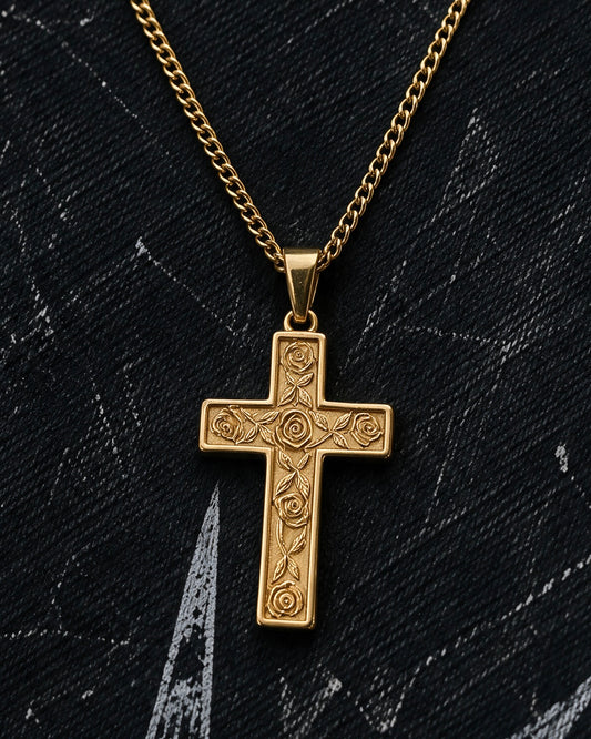 Gold Engraved Rose Cross Pendant