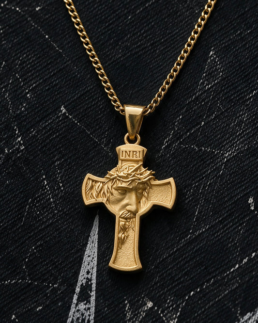 Gold Jesus Face Cross Pendant