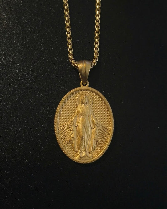 Gold Holy Mary Miraculous Medal pendant with Mary standing, arms open and rays of light, close detail