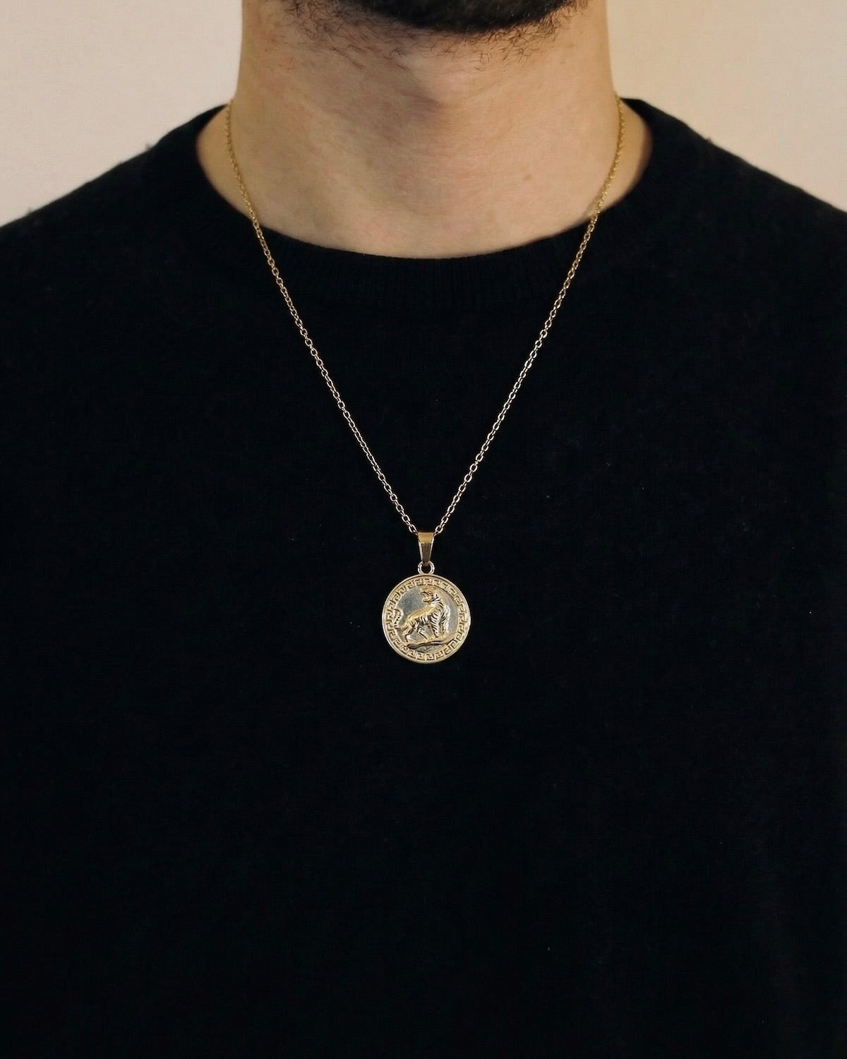 Man wearing a gold tiger coin necklace on a 50cm chain over a black t-shirt