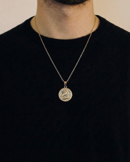Man wearing a gold tiger coin necklace on a 50cm chain over a black t-shirt
