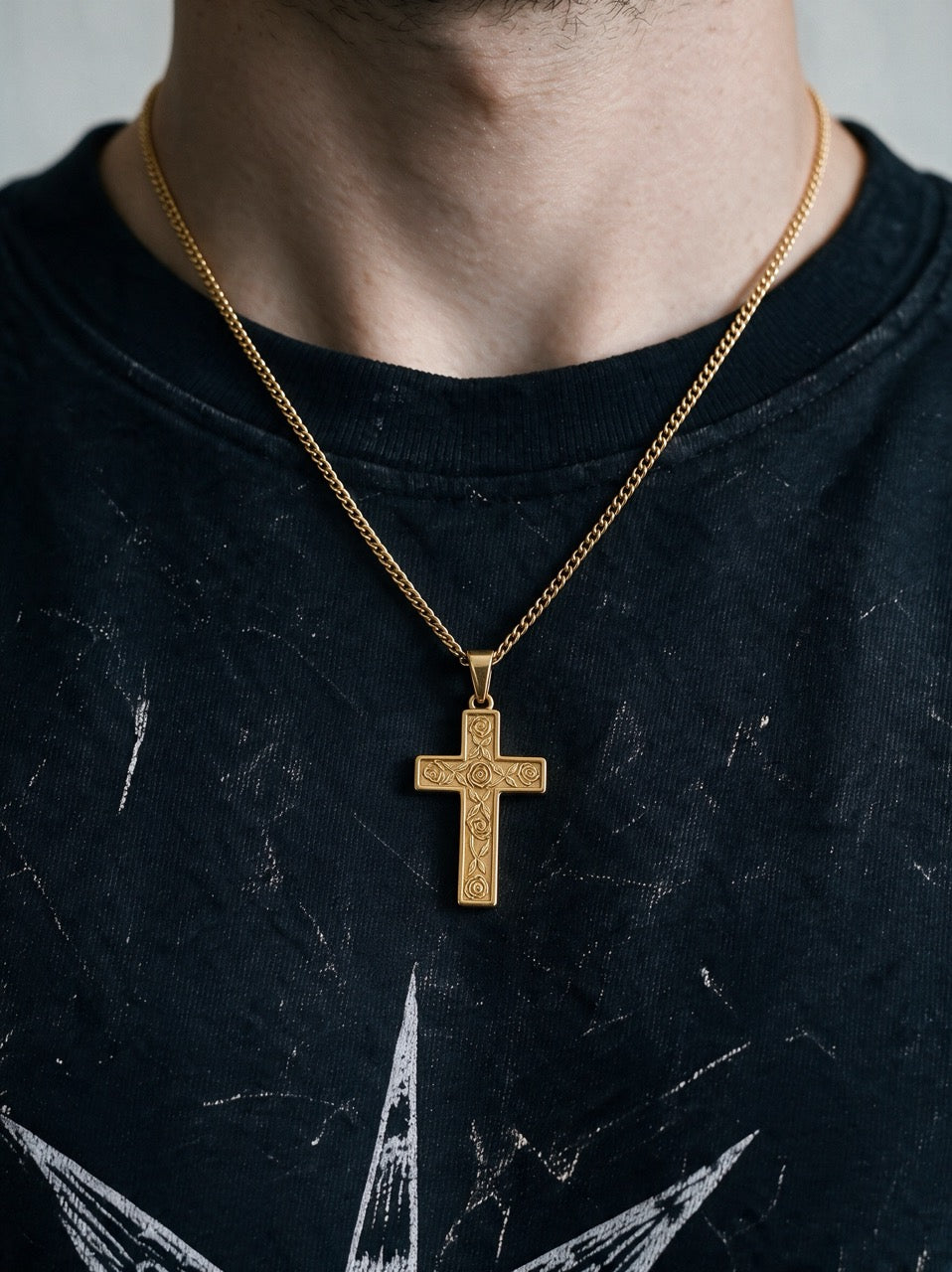 Gold Engraved Rose Cross Pendant