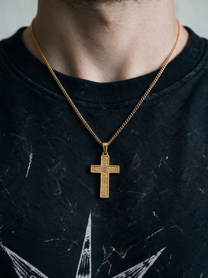 Gold Engraved Rose Cross Pendant