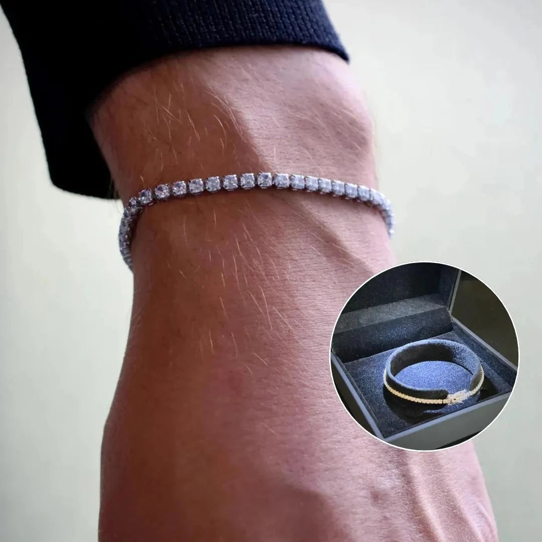 Close-up of a bracelet on a wrist with an inset showing a bracelet in a box.