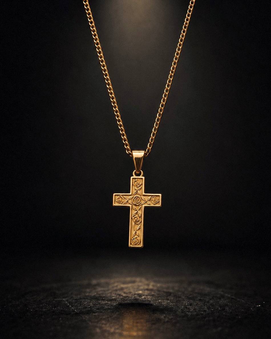 Gold Engraved Rose Cross Pendant - Coda Jewelry