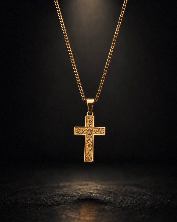 Gold Engraved Rose Cross Pendant